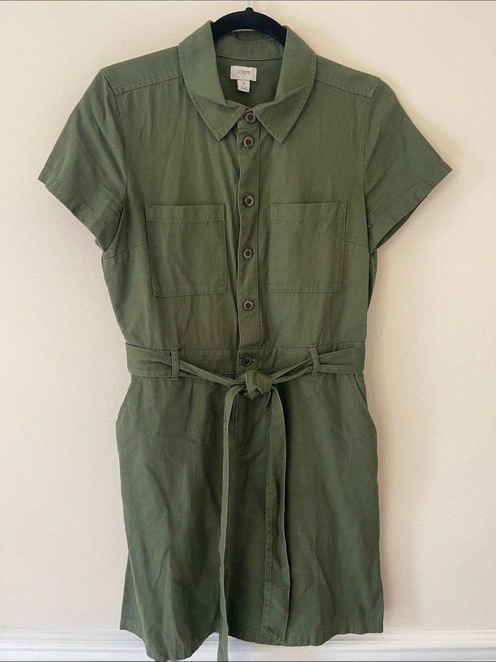 J. Crew Olive Green Short-Sleeve Shirt Dress with Tie Waist